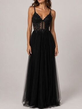 Midnight Doll Black Lace Corset Maxi Gown Dress Formal Wedding Guest Size 0